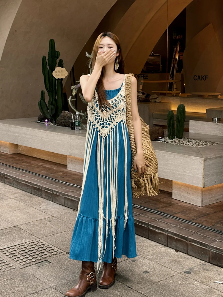 

Синее макси-платье на бретельках 2026: Новое пляжное платье-камизол в стиле бохо с кружевной бахромой для женщин, для отпуска и летнего отдыха