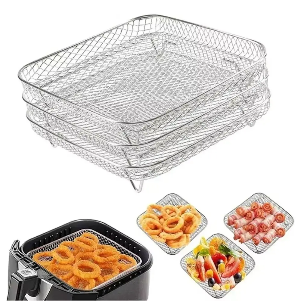 New Stackable Air Fryer Rack Non-Stick Stainless Steel Grilling Rack Grill Basket Kitchen Gadgets