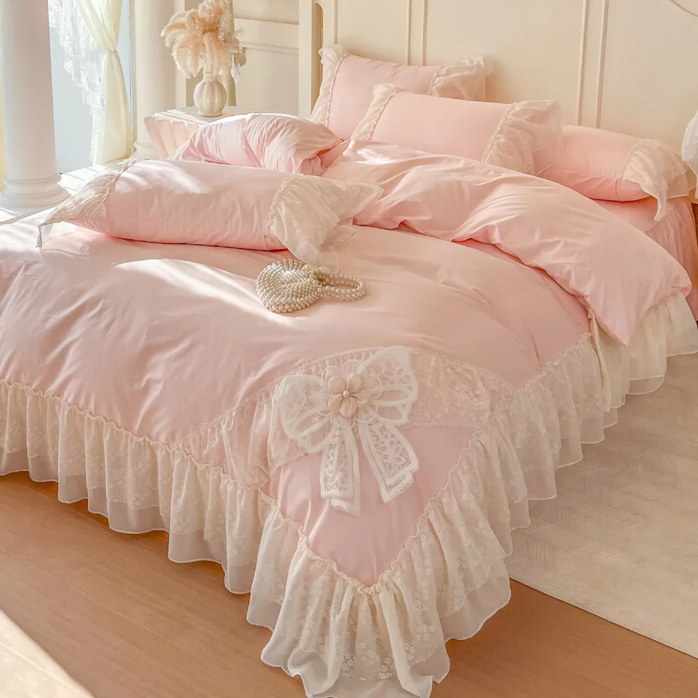 Chiffon Lace Bedding Set Pink France Romantic Princess Wedding Ruffles Bow Soft Duvet Cover Bed Sheet Pillowcases Home Textile