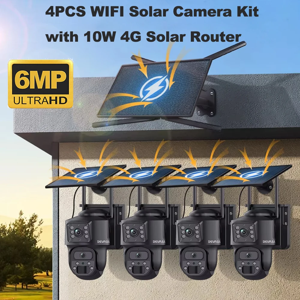 

SHIWOJIA 6MP WiFi Solar Security System Cameras Home Wireless Outdoor 4 Cameras Kit 10W 4G Solar Router 2-Way Talk Night Vision