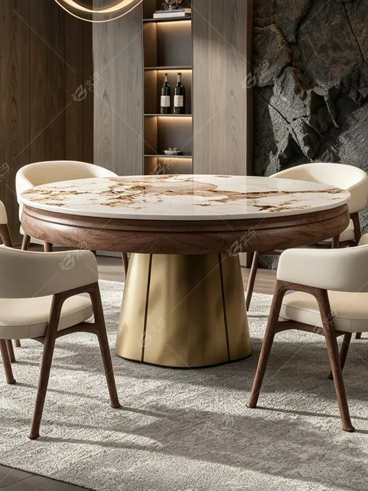 Rock slab dining table can be retractable and enlarged, round table deformed and rotating household becomes larger, electric