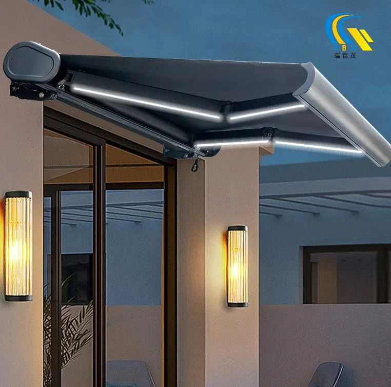 Motorized Folding Arm Full Cassette Awning Retract Canopy Remote Control Awning with LED Lamps