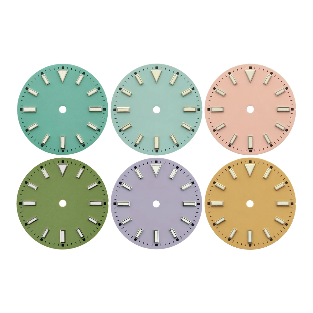 28.5mm Enamel Dial Green Lume Baton Index Fits NH35/36/38/39/70-4R-7S-ETA2813/2836-Miyota8200 Watch Mod Replacement Accessories