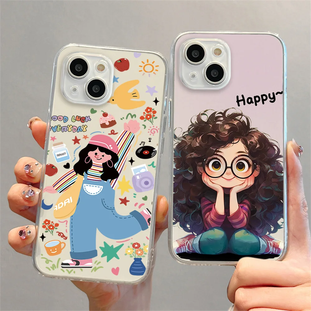 Good luck every day happy girl For iphone 13 12 11 14 15 Pro Max XR X 16 Plus Transparent Soft Case Cover