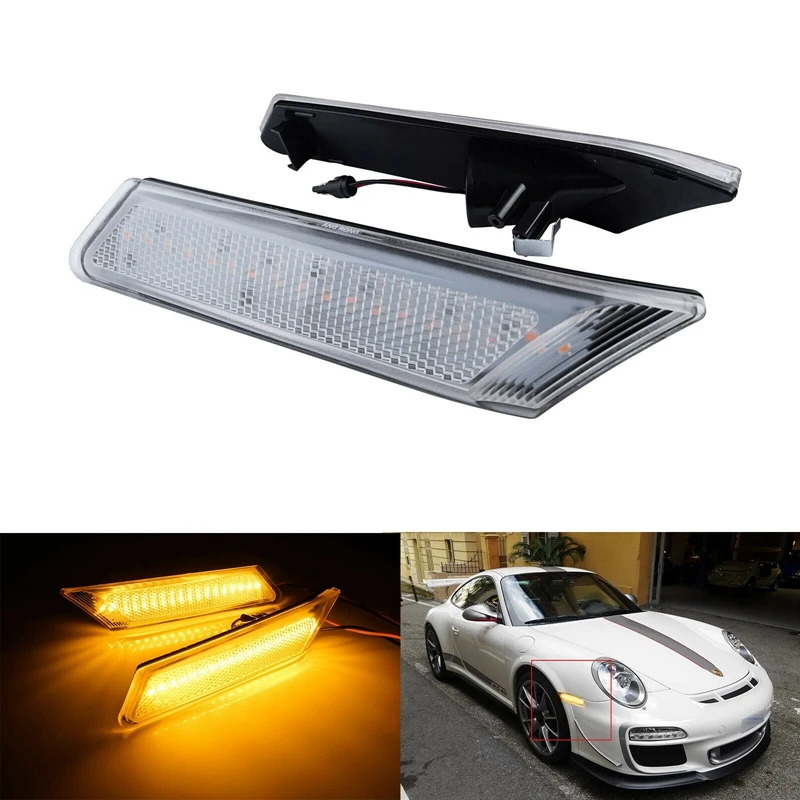 

2Pcs/Set Car Amber LED Front Side Marker Lights Clear Lens Turn Signal Lights For-Porsche 911/987/997 Cayman