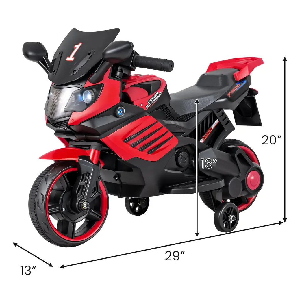 6V Kids Motorcycle With Headlights Music And Detachable Training Wheels-Red
