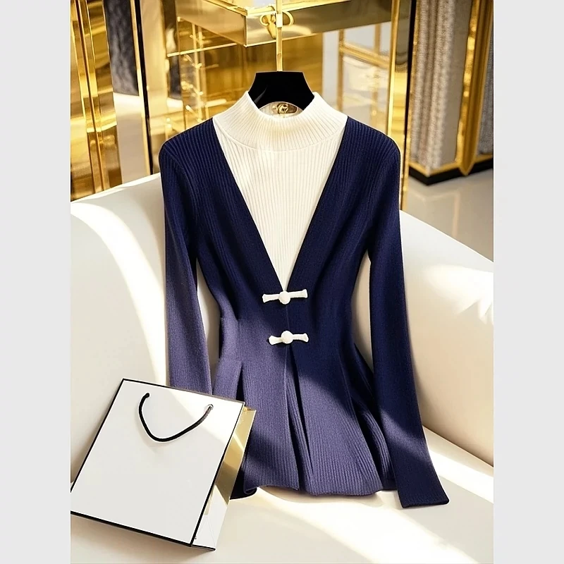 

New Chinese Sle Women's Knitted Sweater Soft Cozy Blue Winter High Collar Long Sve Regular Length Overhead Top
