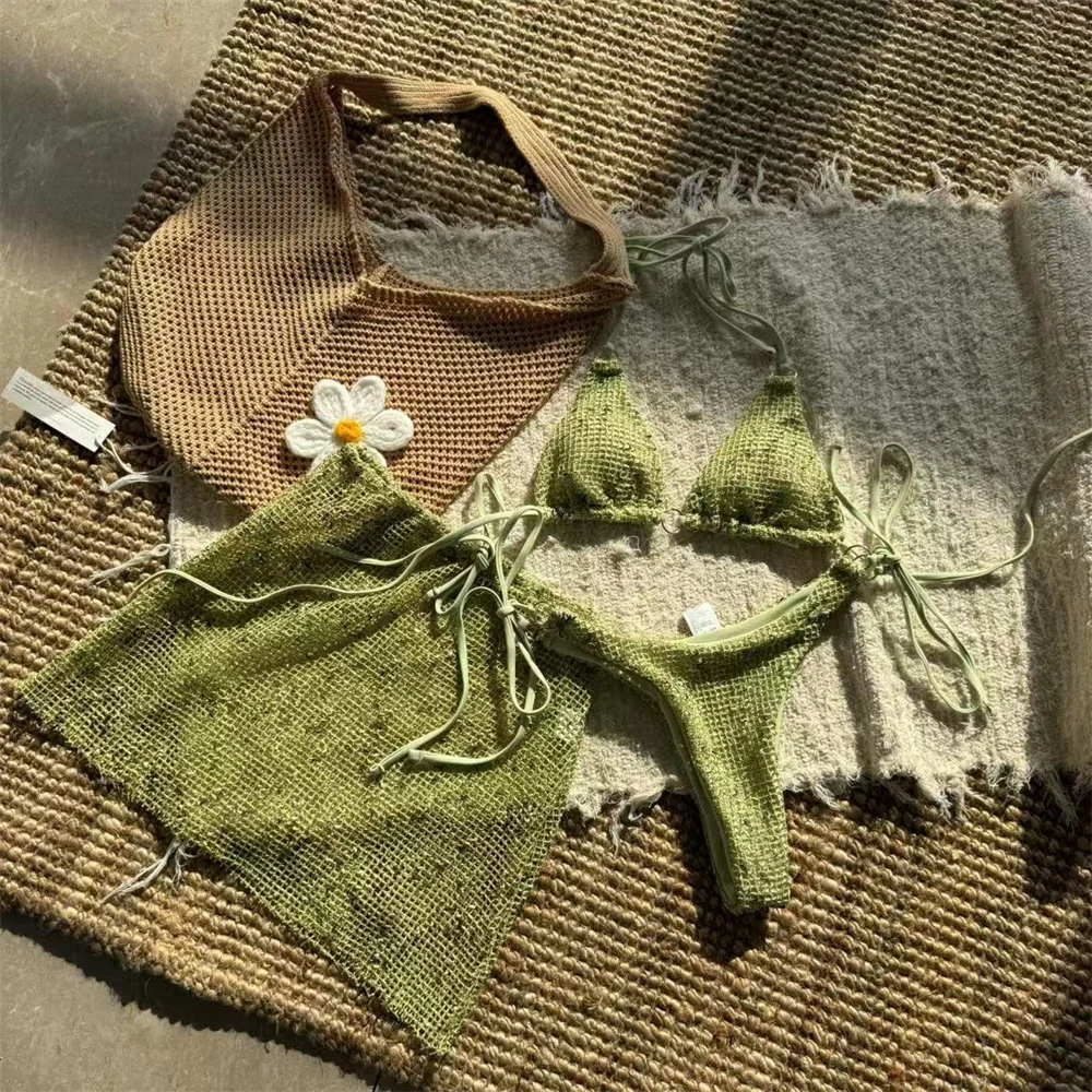 Kawaii شاطئ سلسلة بيكيني الجوف شبكة ملابس السباحة رفع ضمادة تنورة Y2K جديد الصيف الزي النساء عطلة ملابس السباحة ثوب السباحة