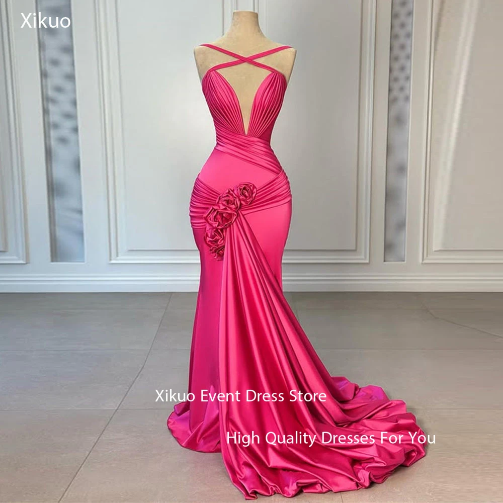 

Xikuo Graceeful Fuchsia Satin Evening Gowns Mermaid Deep V Neck Robe Cocktail Femmes 3D Flowers Party Prom Dresses Customized