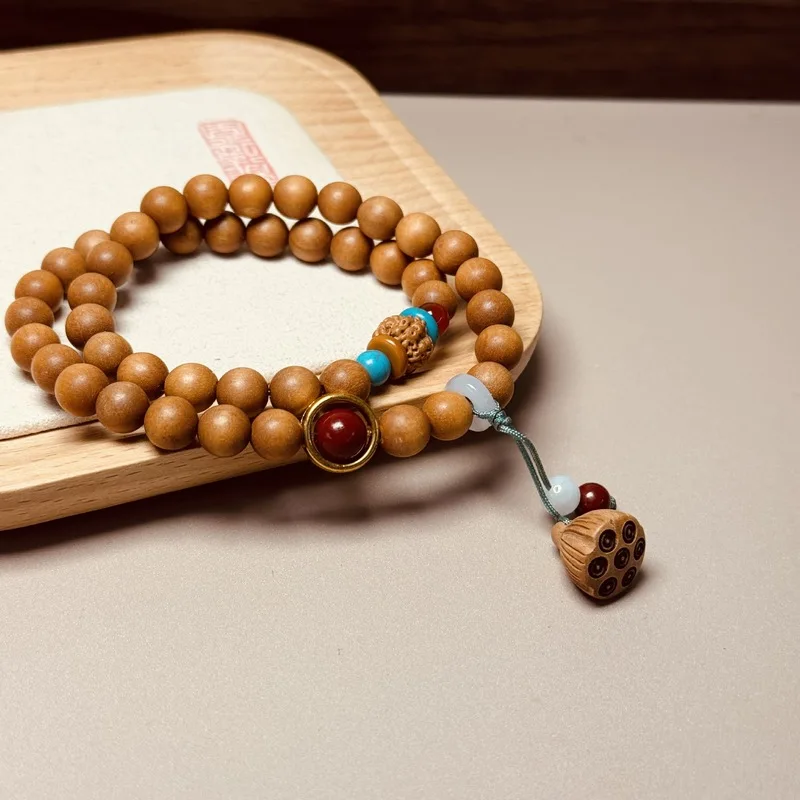 Barbie sandalwood round bead peach wood lotus design multi-strand bracelet for men and women personalized couple's b