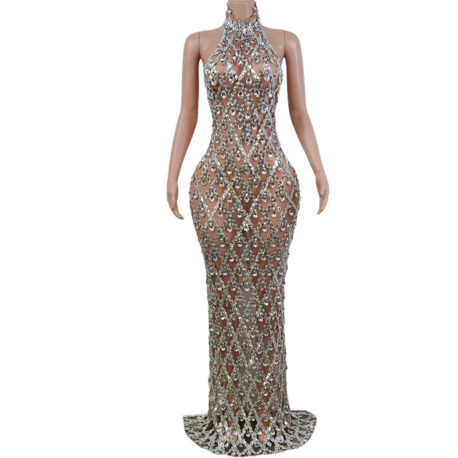 

Gorgeous Silver Mermaid Dress Bodycon Halter Sleeveless Ballroom Evening Festival Clothing Prom Special Ocassion Show