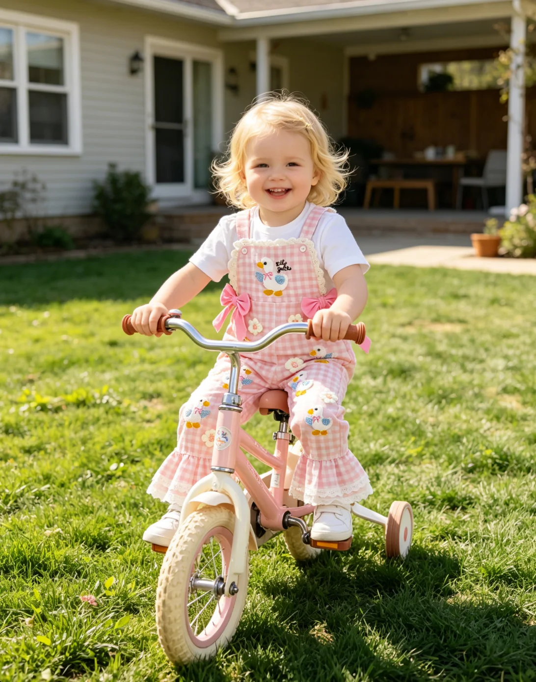 Baby Girl Pink Gingham Duck Embroidery Overalls Lace Flare Bell Bottom Bow Sling Jumpsuit