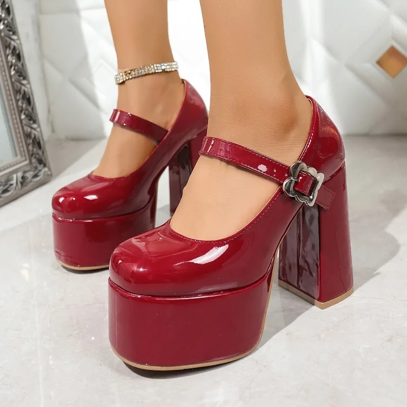 

12cm Super High Heel Shoes New Round Head Shallow Mouth Metal Buckle Thick Heel Waterproof Platform Mary Jane Women's Shoes