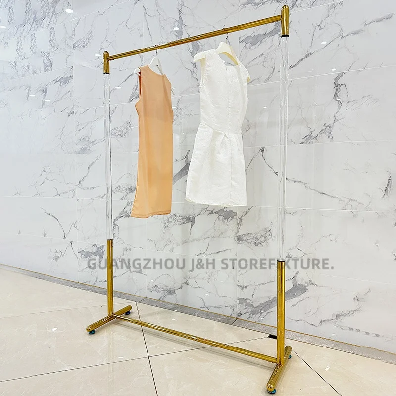 Customized. high end golden floor stand display single bar clothes hanger stand stainless steel acrylic clothing rack retail