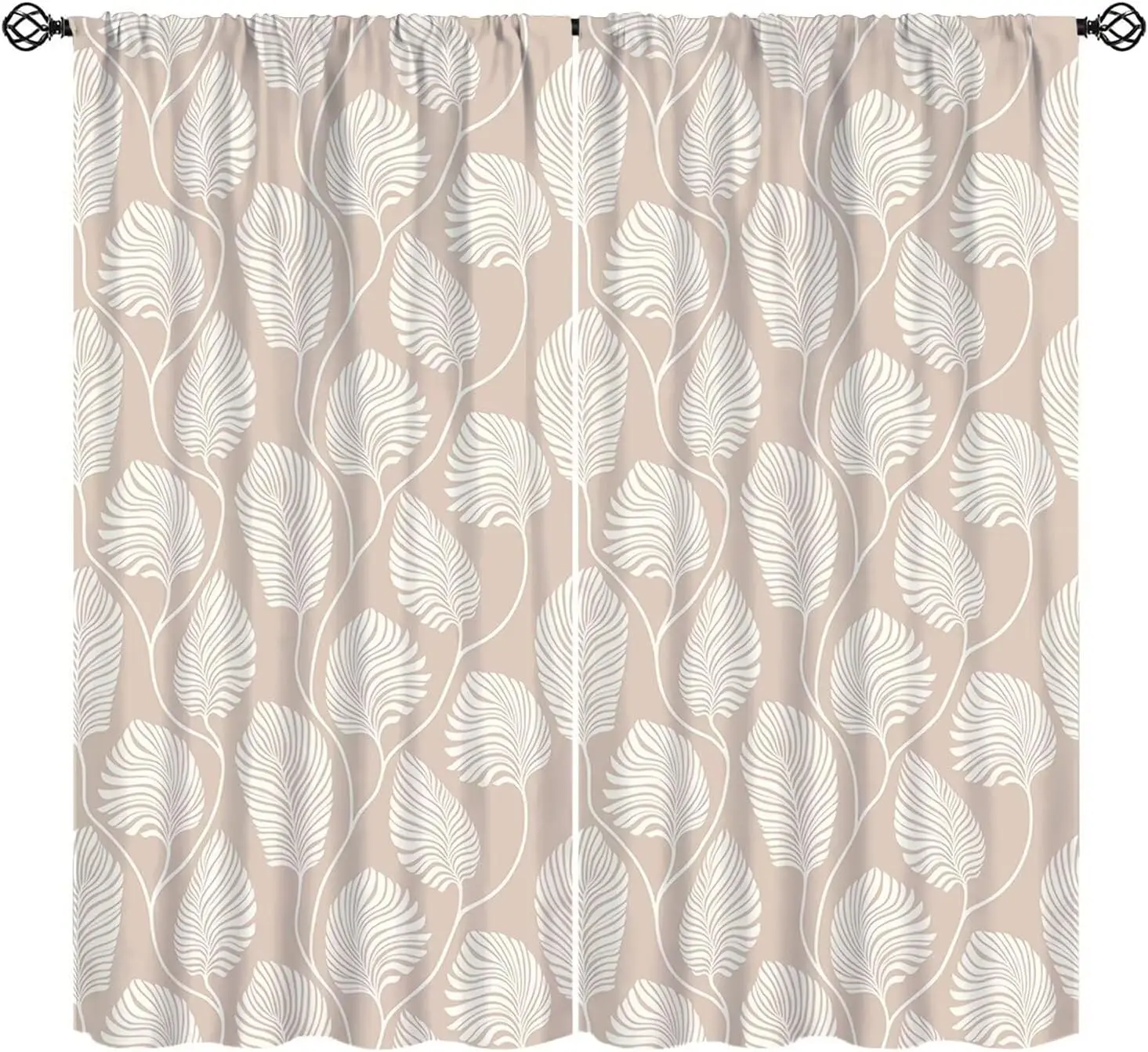 Vibrant Minimalist Palm Leaf Curtain 2 Panels Khaki Tone White Line Inn Room Print Window Curtain Modern Simple Home Decor