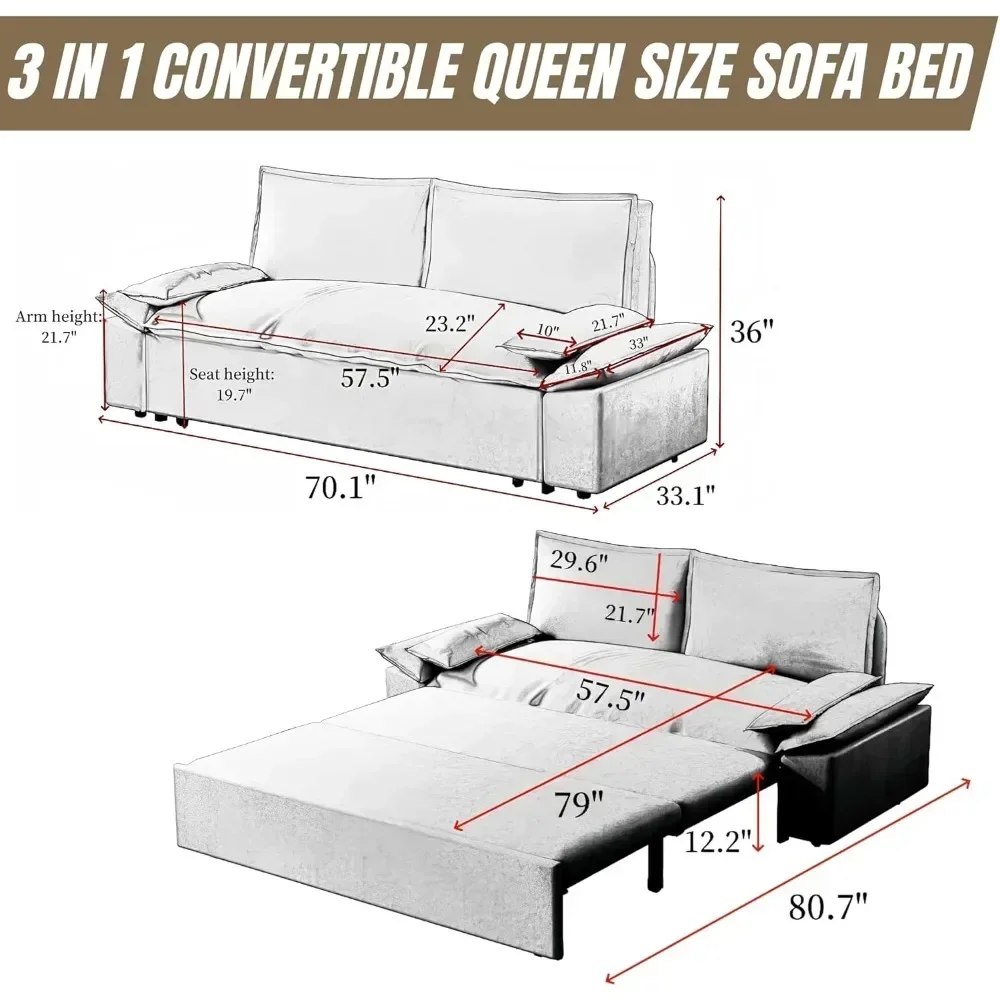 3-in-1 Convertible Queen Bed Multifunctional Sofa Bed Comfortable Pull-out Futon Sofa Bed 70.1