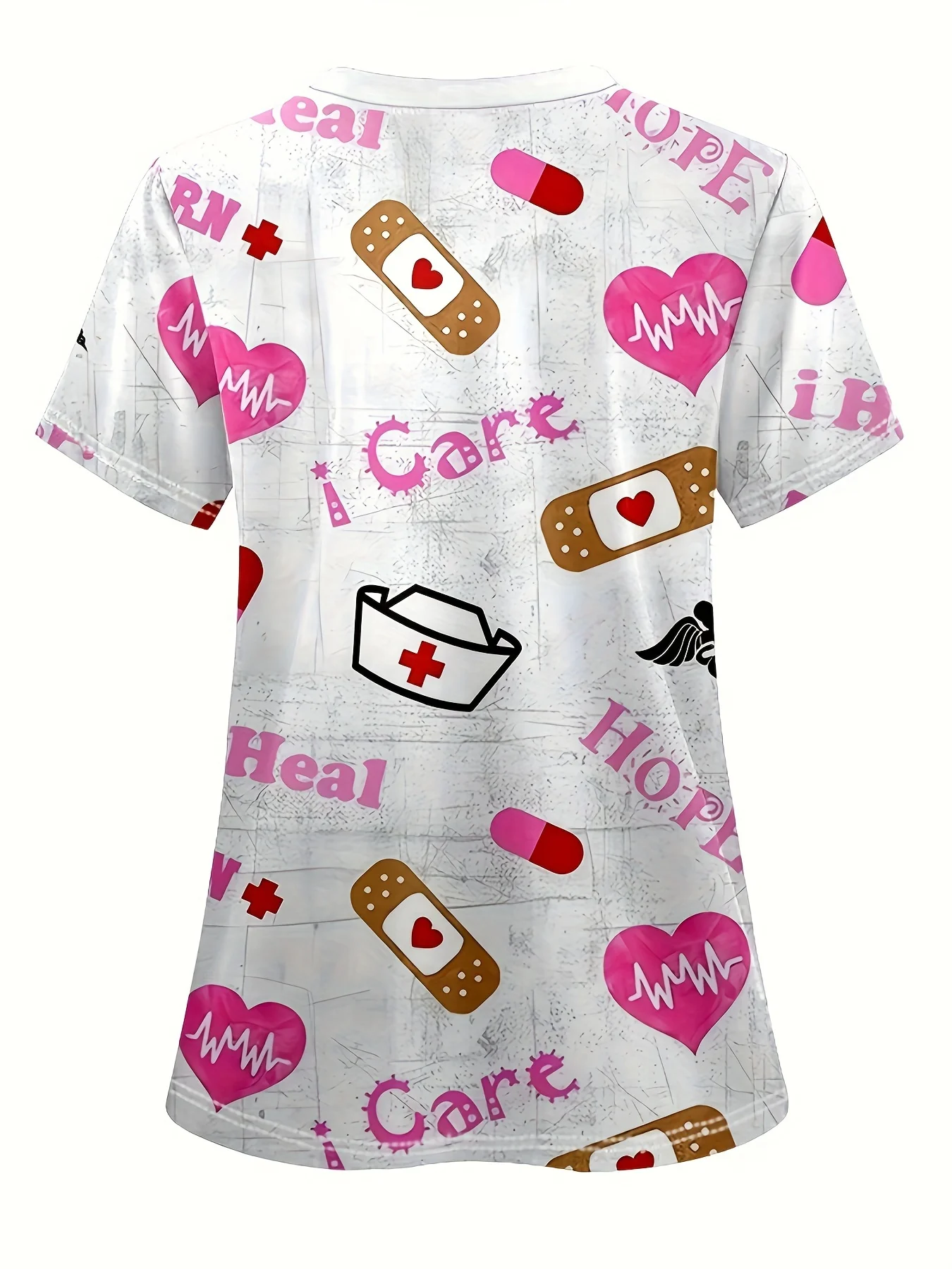 Haut extensible à manches courtes et col en v, imprimé mignon, uniforme de santé d'infirmière confortable et pratique, haut d'uniforme féminin à la mode