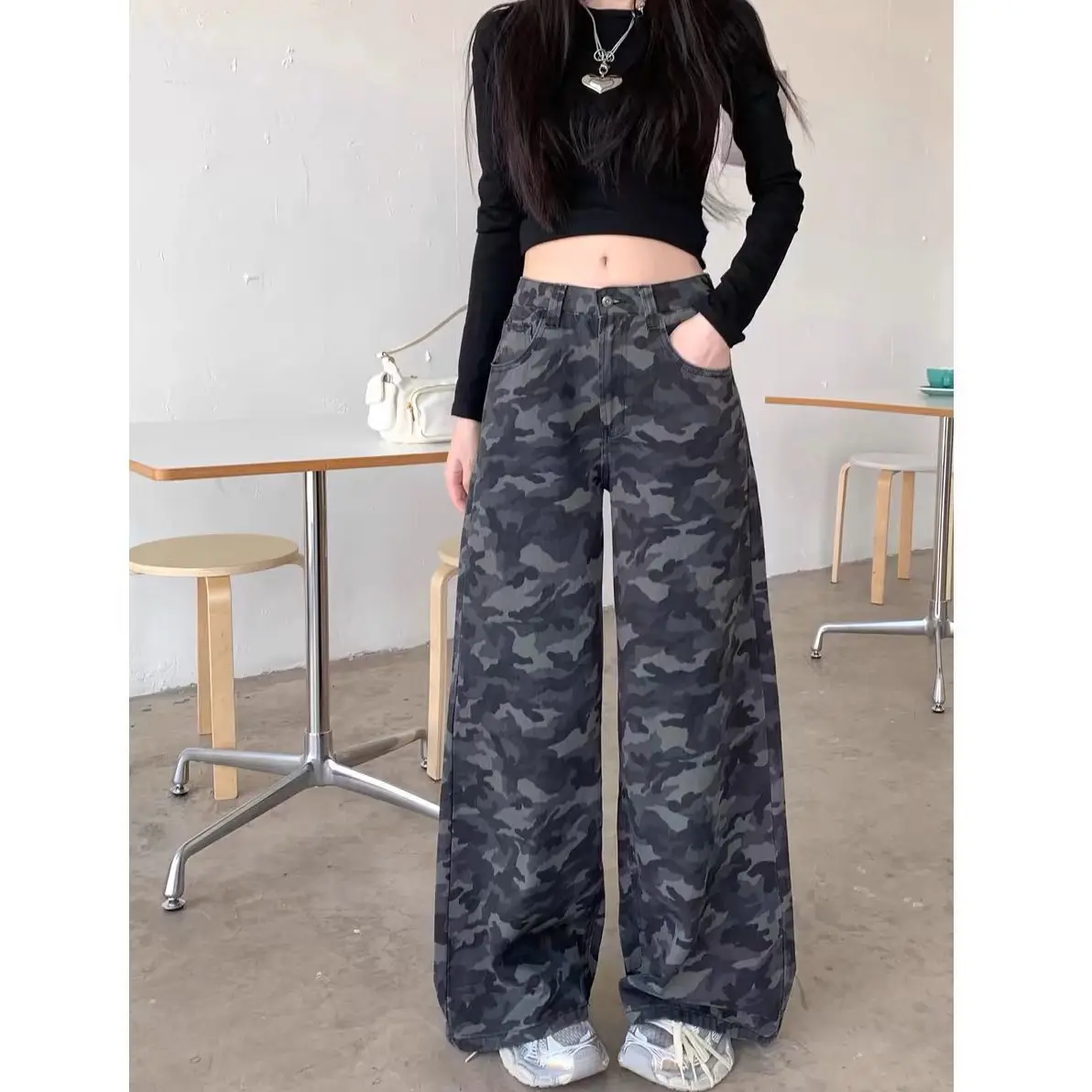 Tooling Wide Legs Camouflage Jeans Women's Drape Spring Retro High Waist Loose and Thin Straight Pants