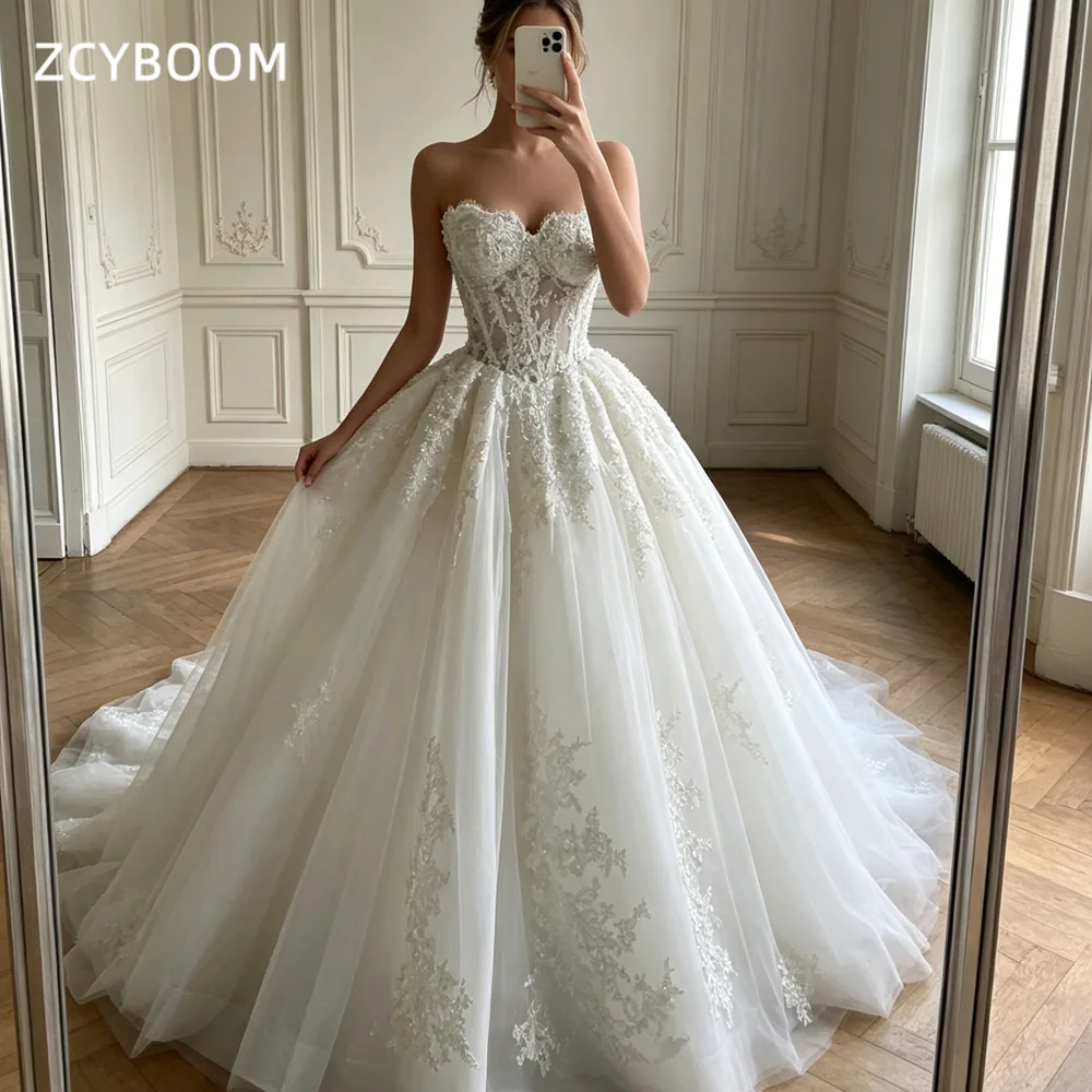 Customized Elegant Lace Appliques A-line Bridal Gown Sleeveless Strapless Backless Wedding Dress 2026 Plus Size Vestido De Noiva
