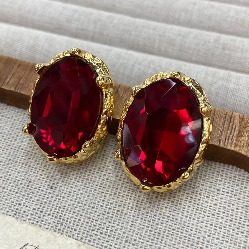 Vintage Oval Red Rhinestone Earrings Gold Plated Textured Metal Frame Statement Ear Jewelry Daily Wear