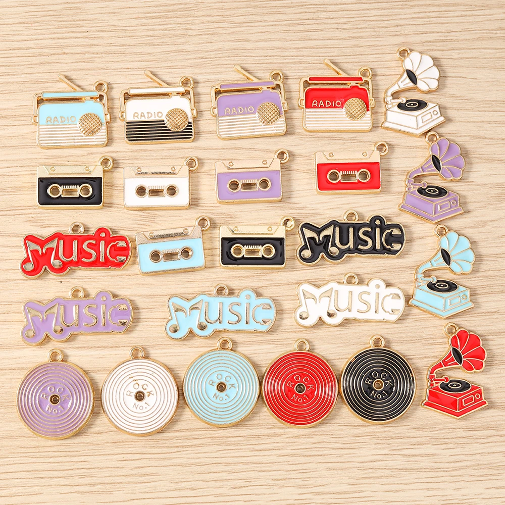 10pcs Cute Enamel Music Series Radio Tape Record Charms Pendants for Making DIY Earring Necklace Keychain Jewelry Accessories