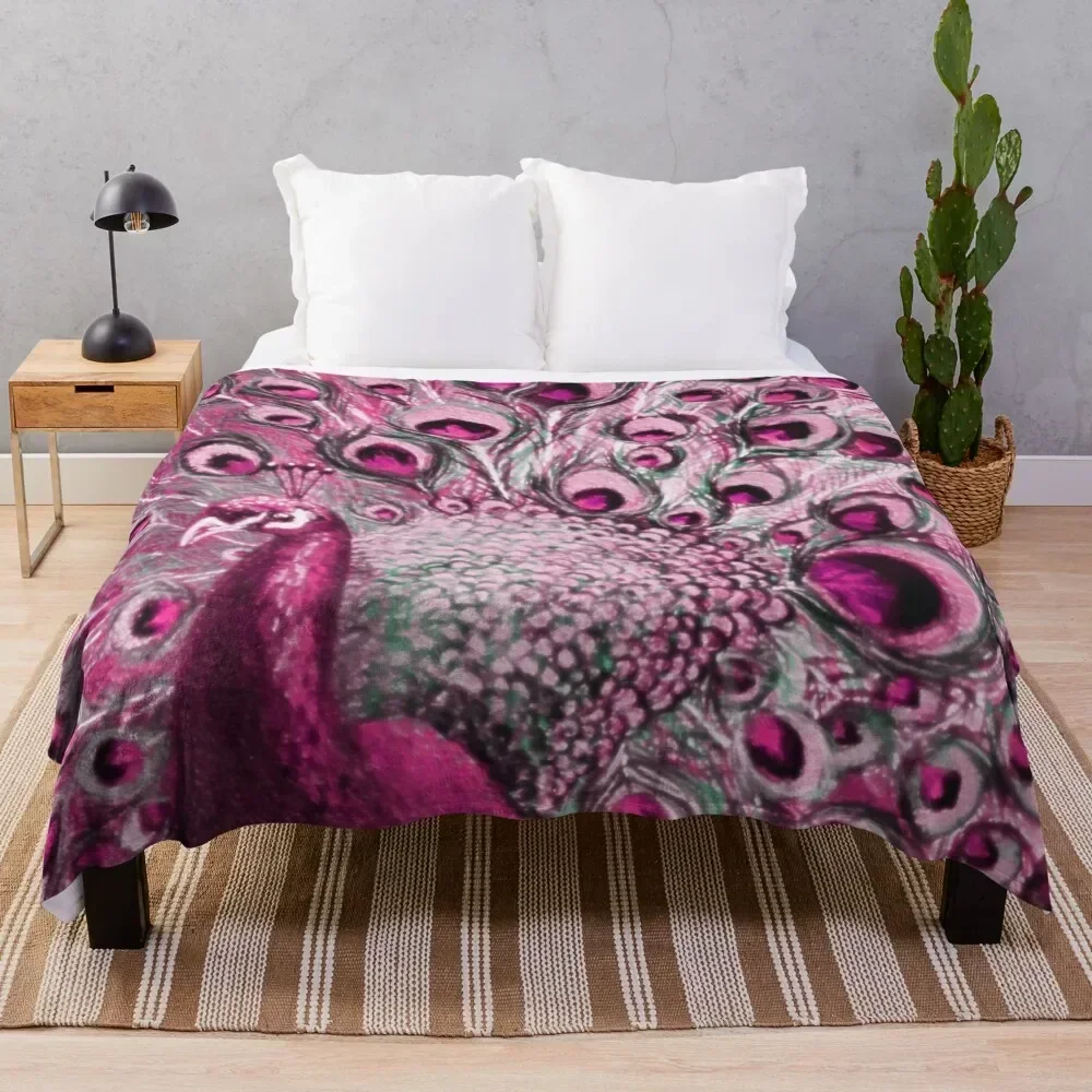 

Pink Peacock Art Throw Blanket Multi Use Warm Blanket for Living Room Bedroom