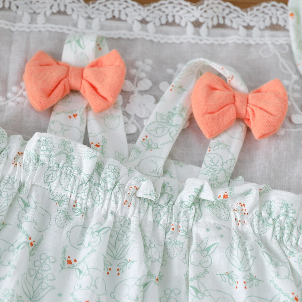 فستان قصير صيفي من القطن المزين بالزهور للأطفال مع زخرفة فيونكة على طراز الأميرة للفتيات بدون قبعة