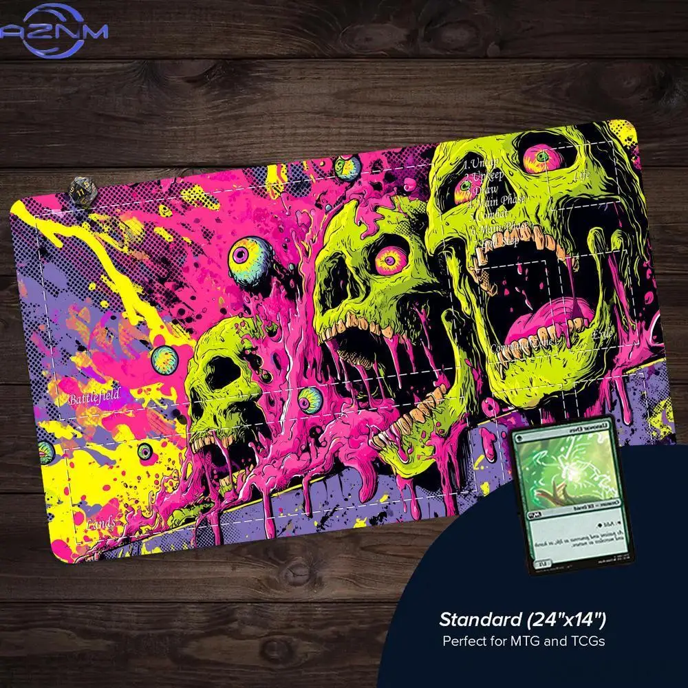 Street Graffiti Neon Skull MTG Playmat Magic Card Mat Stitched Edge Non-Slip Durable Tabletop Playmat Board Game Mat for TCG