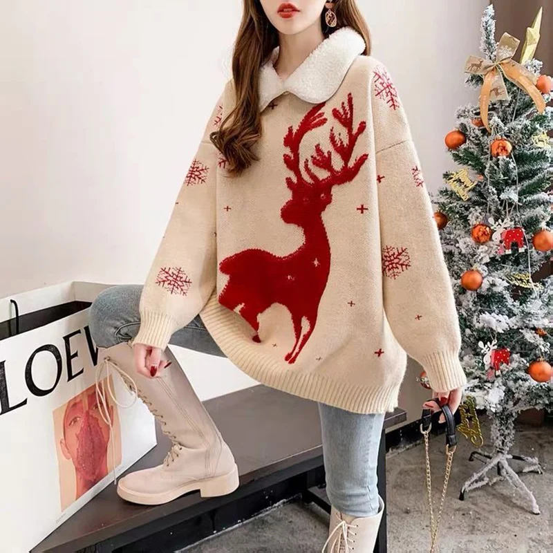 Sweet Peter Pan Collar Knitted Cartoon Sweaters Female Clothing 2023 Autumn Winter Oversized Korean Pullovers Casual Warm Tops