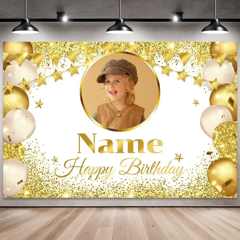 Custom Photo Name on Birthday Backdrop Black Gold Background Personalized Banner with Glitter Lights for Party Wall Decoration