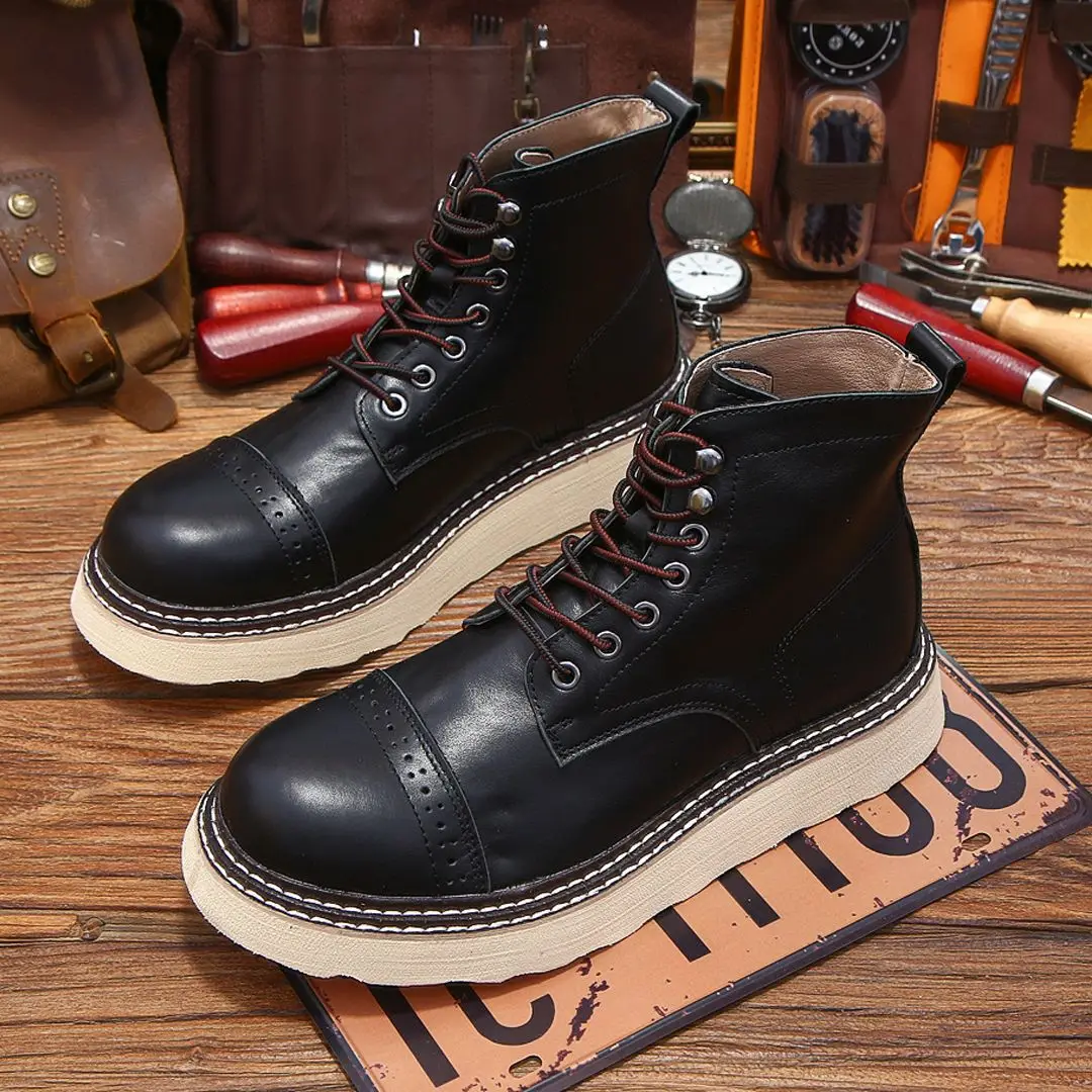 Vintage Ankle Boots Durable Genuine Leather High-top Shoes For Men Winter Round Toe Cowboy Boots Safety Work Shoes