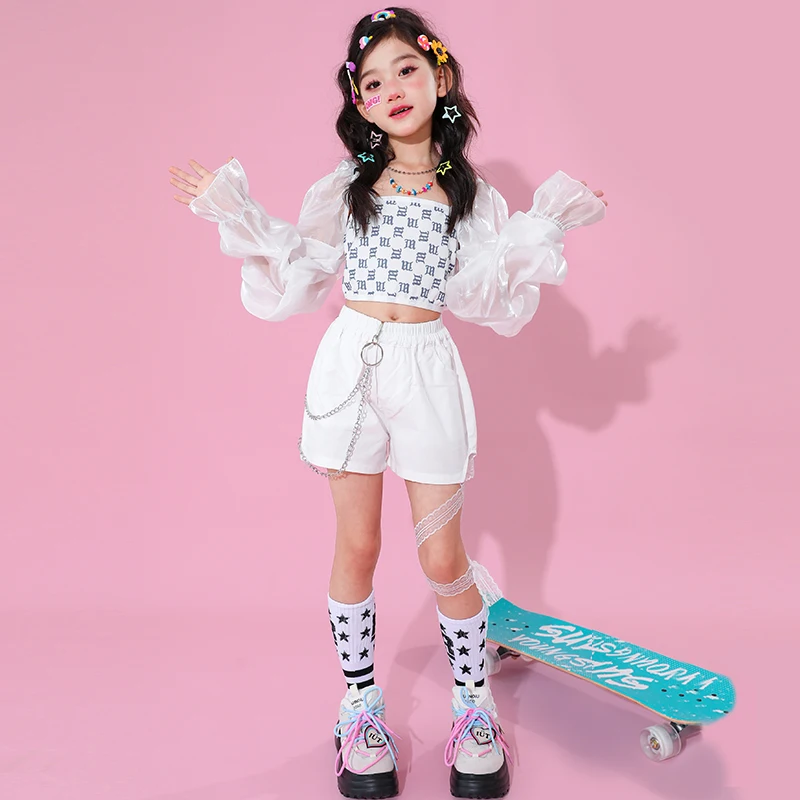 Girls Kpop Clothes Jazz Dance Costume White Performance Suit Hip Hop Modern Dance Outfit for Kids Stage Wear Fashion Clothing