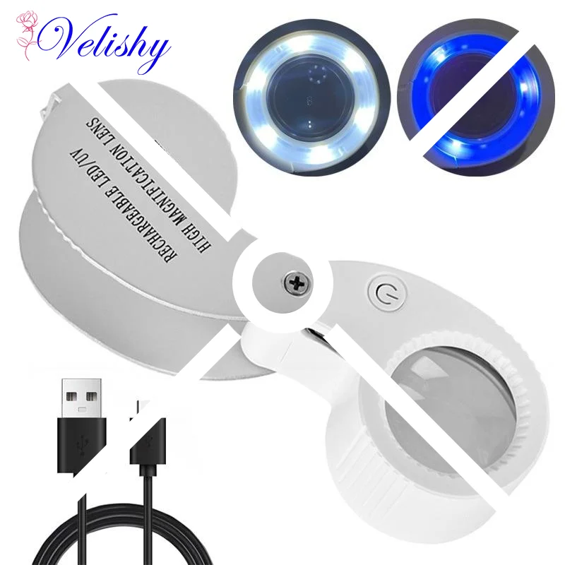 40X 60X Foldable Magnifying Glass With UV LED Light - Rechargeable Illuminated Magnifier For Jewelers Gems Coins