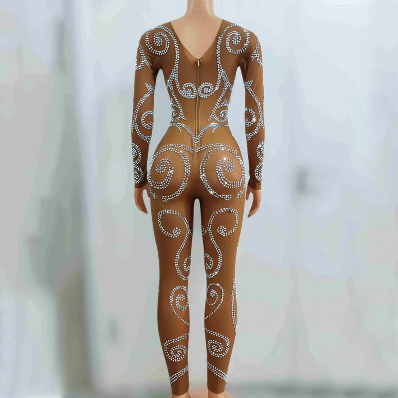 섹시한 관점 메쉬 점프 슈트 여성 고고 댄스 의상 라인 석 바 나이트 클럽 Ds Dj 레이브 착용 폴 댄스 복장 XS7430