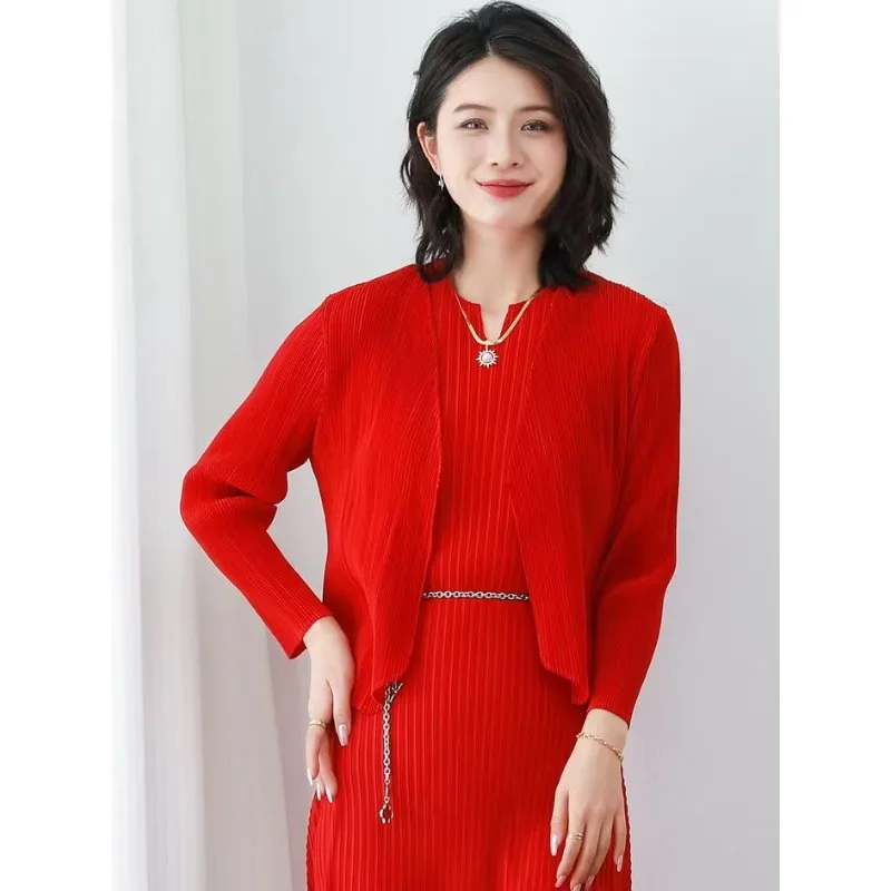 Miyake 2026 Klassieke Nieuwe Tops Dames Casual Eenvoudige Losse Peplum Lange Mouw Vest Tuniek Elegante Comfortabele Stretch Kleding