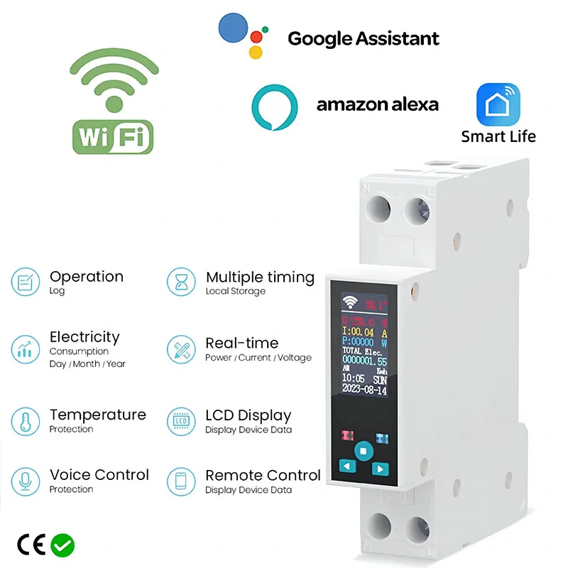 1P 50A Tuya WIFI Smart Switch Circuit Breaker LCD Energy Meter KWh Power Metering Timer Relay Remote Control Smart Life APP