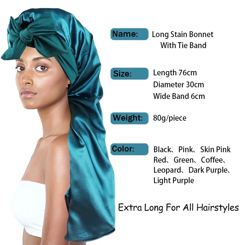 Touca de cetim longa, cor sólida, tamanho extra grande, com laço longo, para mulheres negras, para cuidados com os cabelos, para todos os tipos de cabelo.