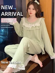 110kg Large Size Long Sleeve Pajamas Set Women Spring Solid Cotton Sleepwear Lace Princess Sle Home Clothes Can Be Worn Outside