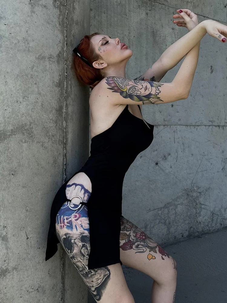 AltGoth Gothic Sexy Dress Women Streetwear Harajuku Y2k Emo High Waist Hollow Out Spaghetti Strap Backless Halter Dress Clubwear