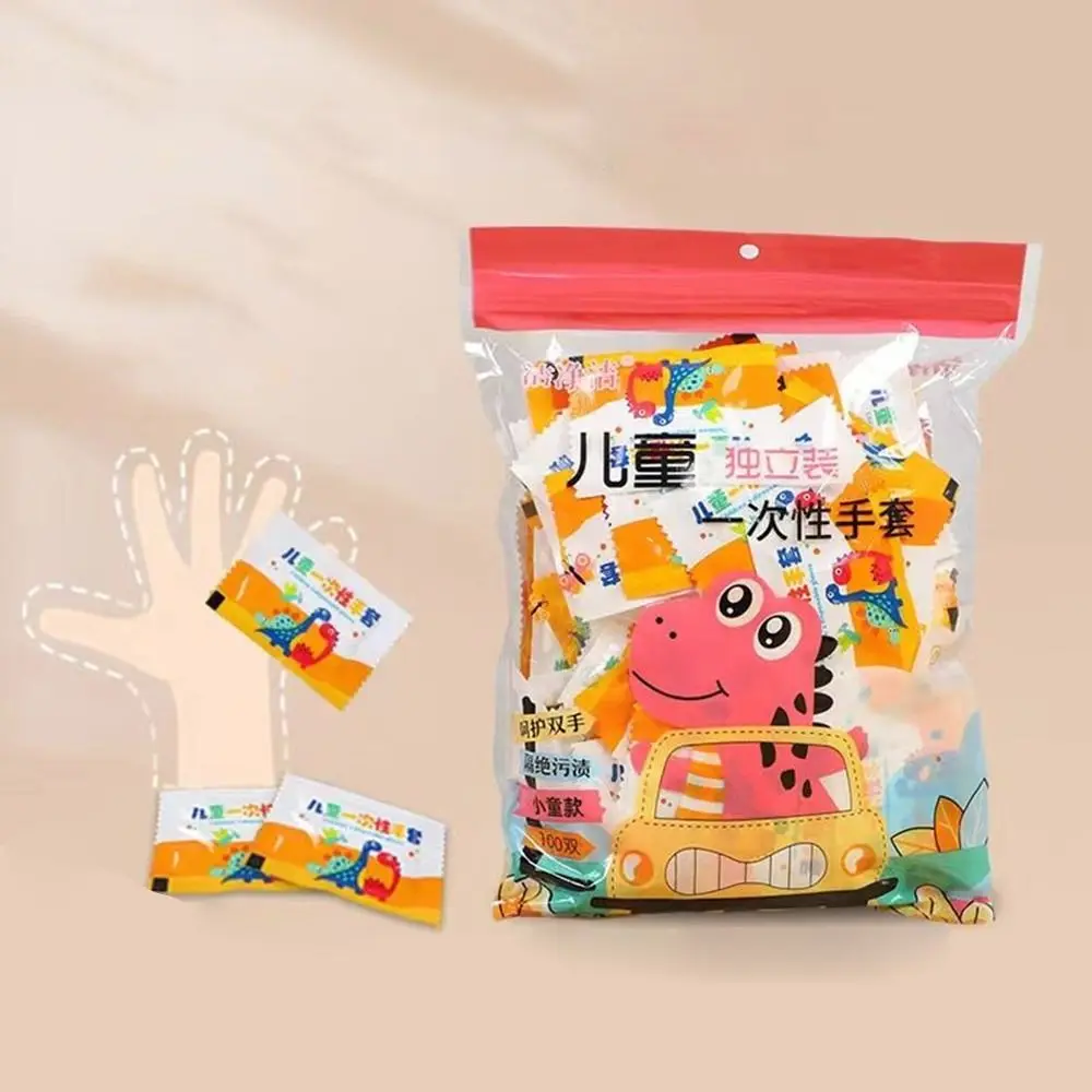 100Pcs Thickened PE Disposable Gloves Food Grade Transparent Children's Gloves PE Independent Packaging Painting Gloves