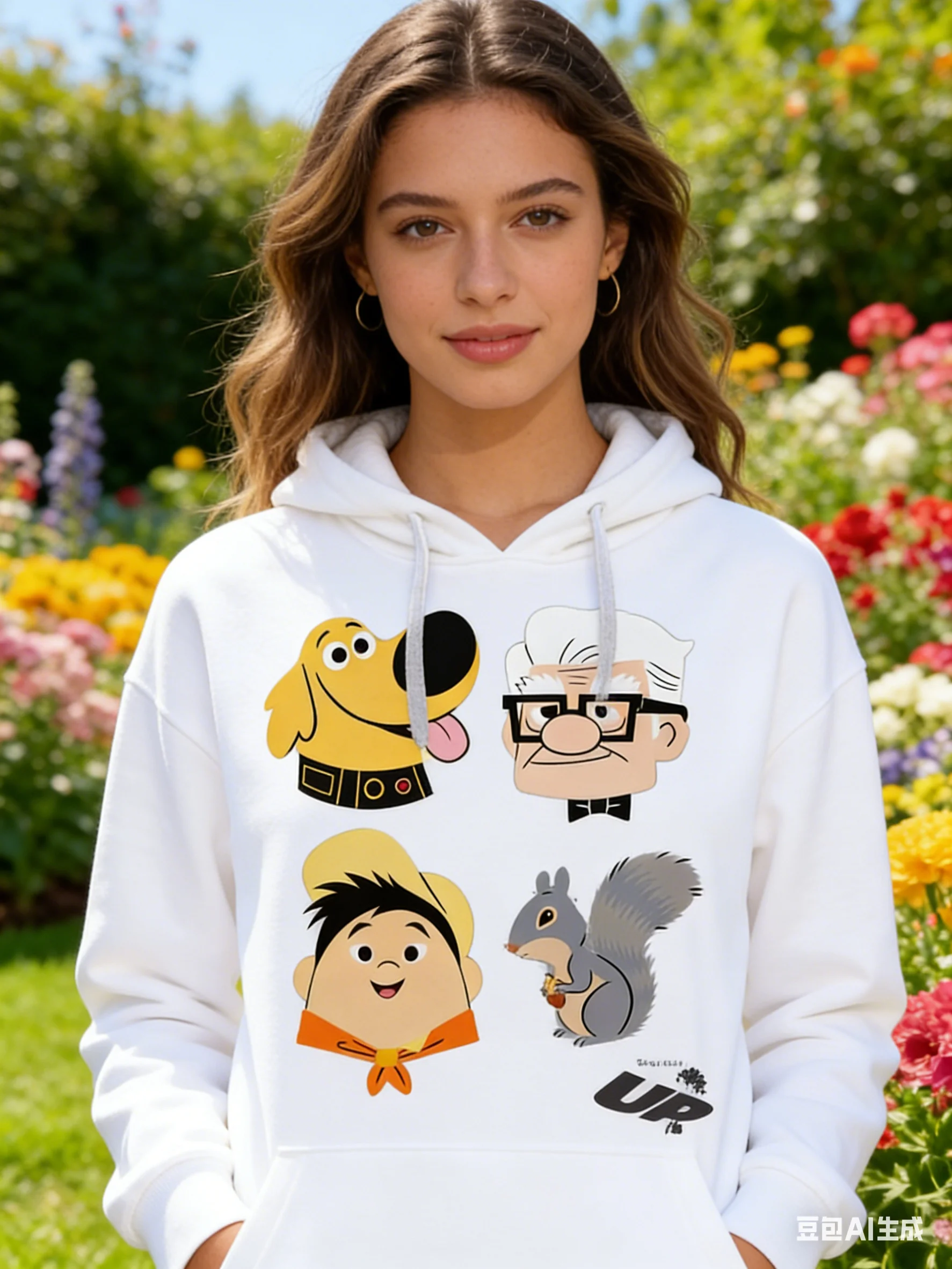 Unisex Disney Up Cotton Fleece Hoodie Yellow Dog Dug Elderly Man Carl Boy Russell Gray Squirrel Back Print Front Chest Logo