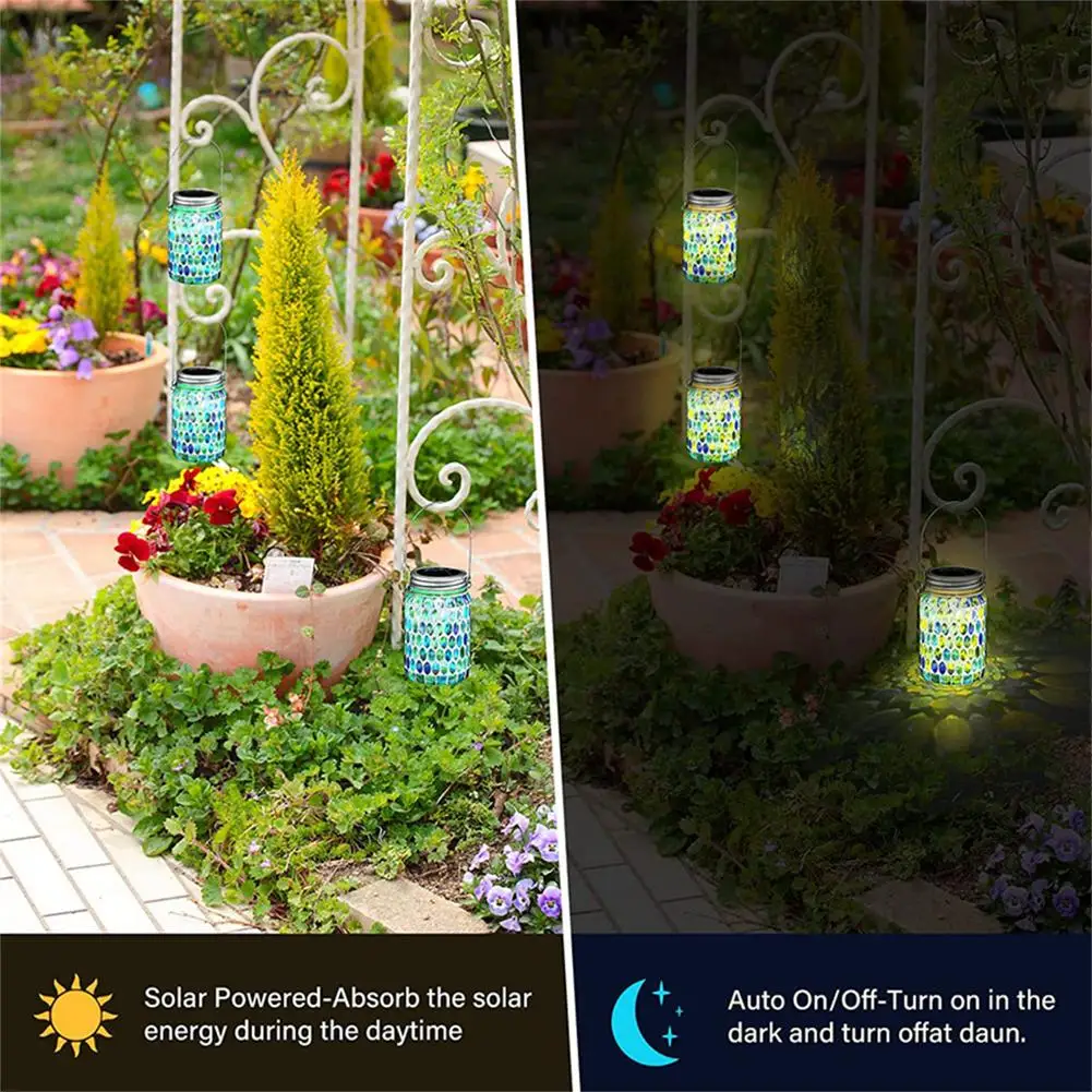 1pcs Mosaic Solar Lanterns Outdoor Hanging Lights Solar Table Lamps Cool Color Mosaic Glass Lights For Garden Pathway