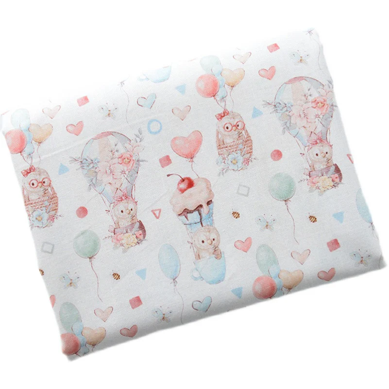 100%Cotton Pastoral Flowers Hot Air Balloon Lion Owl Digital Printing for Sewing DIY Handmade Muslin by Half Meter