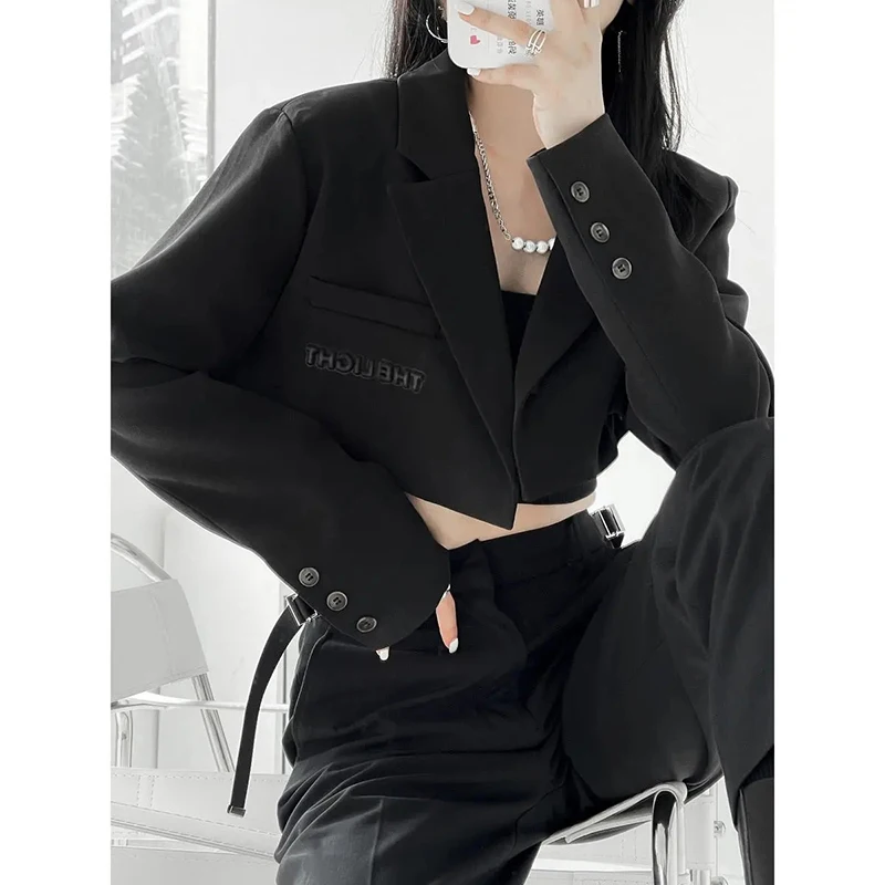 MEXZT Cropped Blazers Women Korean Black Suit Short Jackets Streetwear Harajuku Print Coats Vintage Elegant Slim Casual Outwear