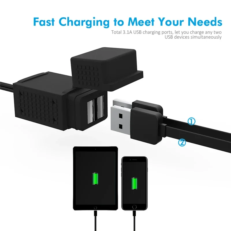 MICTUNING Multifunctional USB Port – 3.1A SAE to 2-Port USB Adapter, Charges Two Devices Simultaneously, for Motorbike Charging