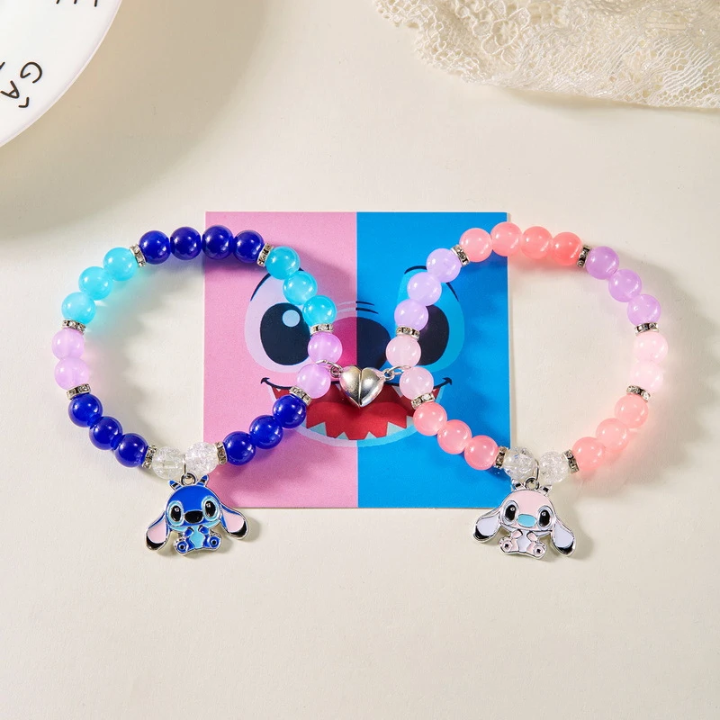 Disney Stitch Angel A Pair Bracelet Cartoon Woven Bead Wristband Magnetic Attraction Jewelry Accessories Friend Lovers Gifts