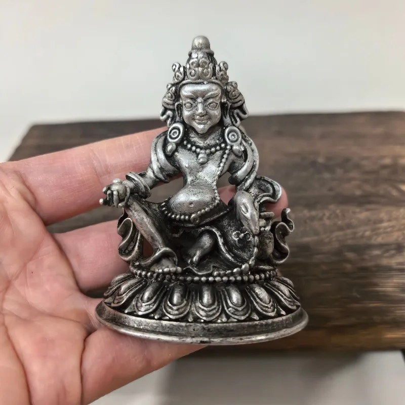 Tibetan Yellow Jambhala Statue Mini Buddha Figurine Alloy Silver Plated Wealth God Ornament Home Altar Decor Collectible Gift