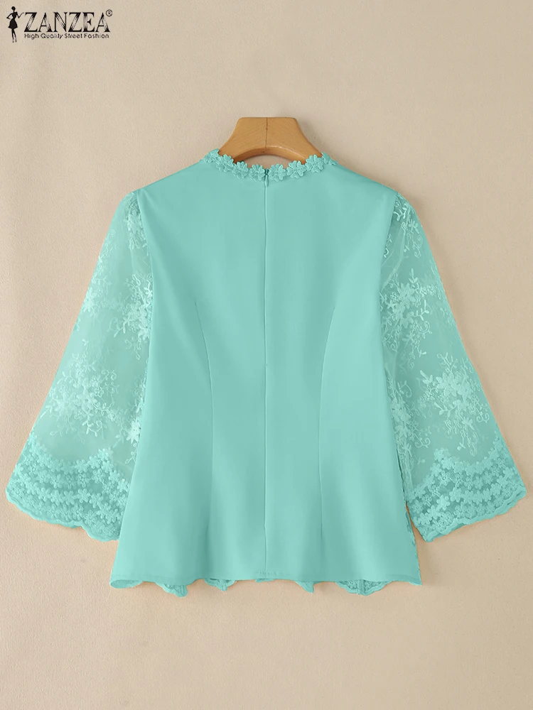 ZANZEA Ingericht Taille Damesblouses Elegant Kant Patchwork Geborduurd Tule OL Sheer Blusas Mujer 3/4 Mouw Mode Tuniek Tops