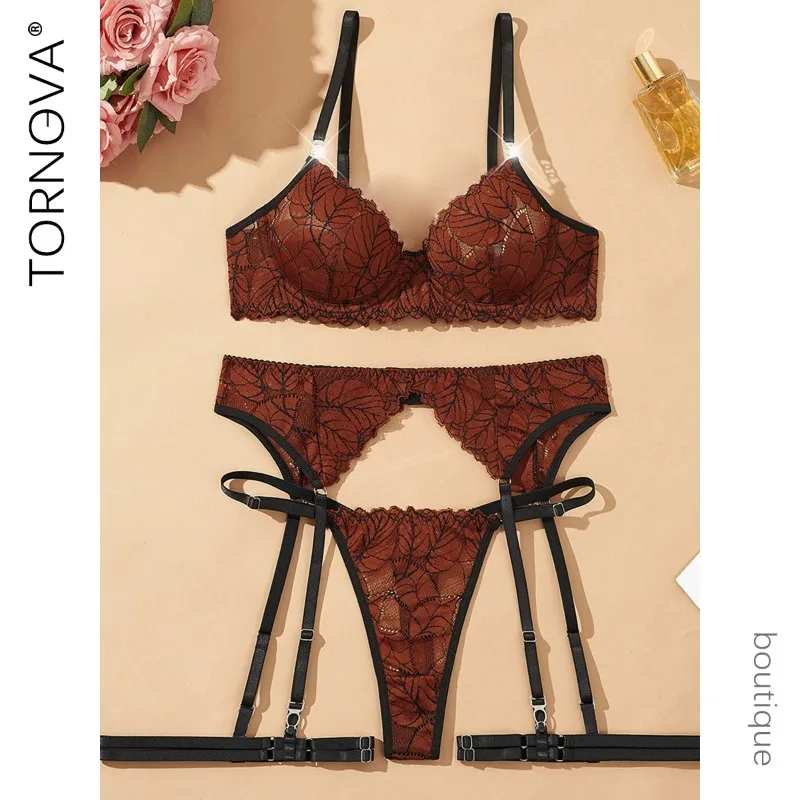 

Tornova Sexy Lingerie Embroidery Patchwork Hollow Out Gather Together Intimate Erotic Seductive Women Slim 4PCS Underwear Set