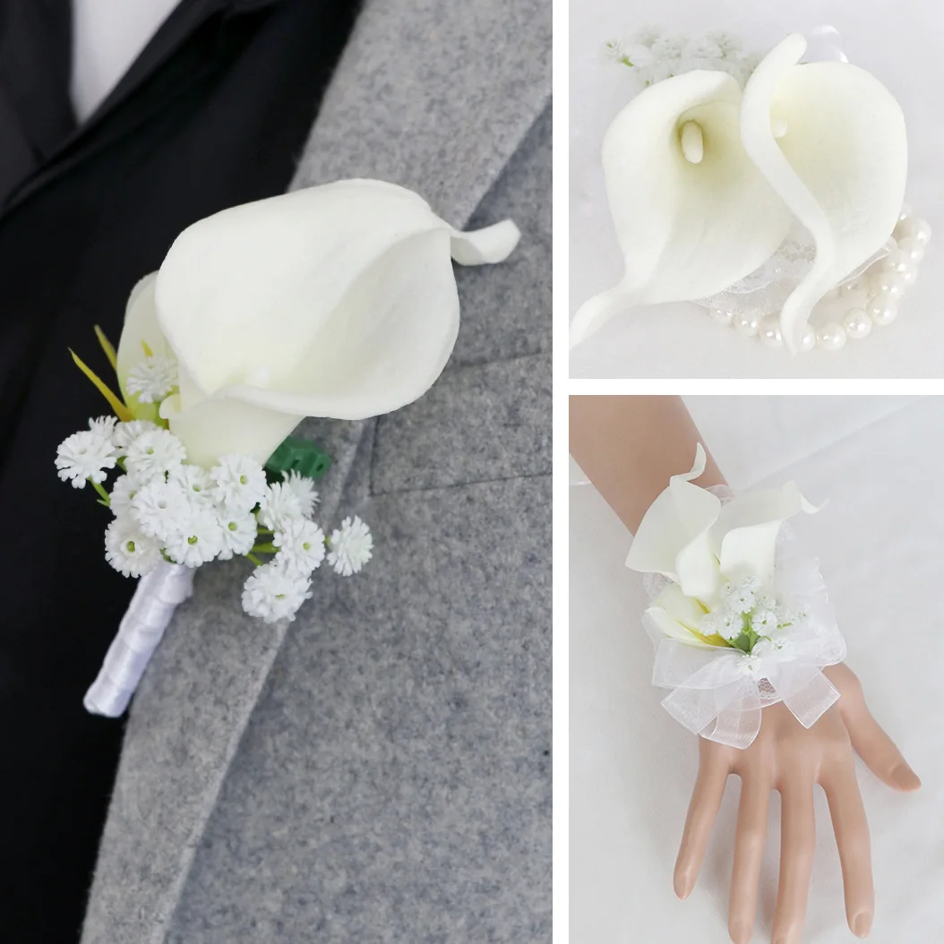 Corsage Bruidegom Boutonniere Pin Bruids Pols Corsage Witte Calla Lily Bruidsmeisje Armband Mannen Prom Bruiloft Bloem Accessoires